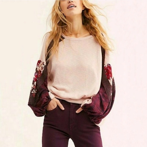 Free People Casual Long Balloon Sleeves Clash Top Womans Small Rose Petal Combo - Picture 10 of 10